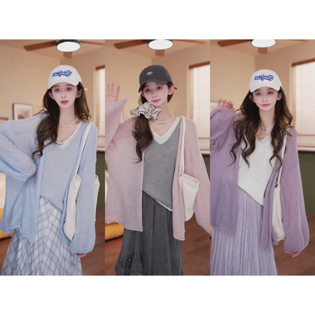 余紫绮【倾心花语】欧若风 新款纯色长袖针织开衫宽松上衣ZO1217037