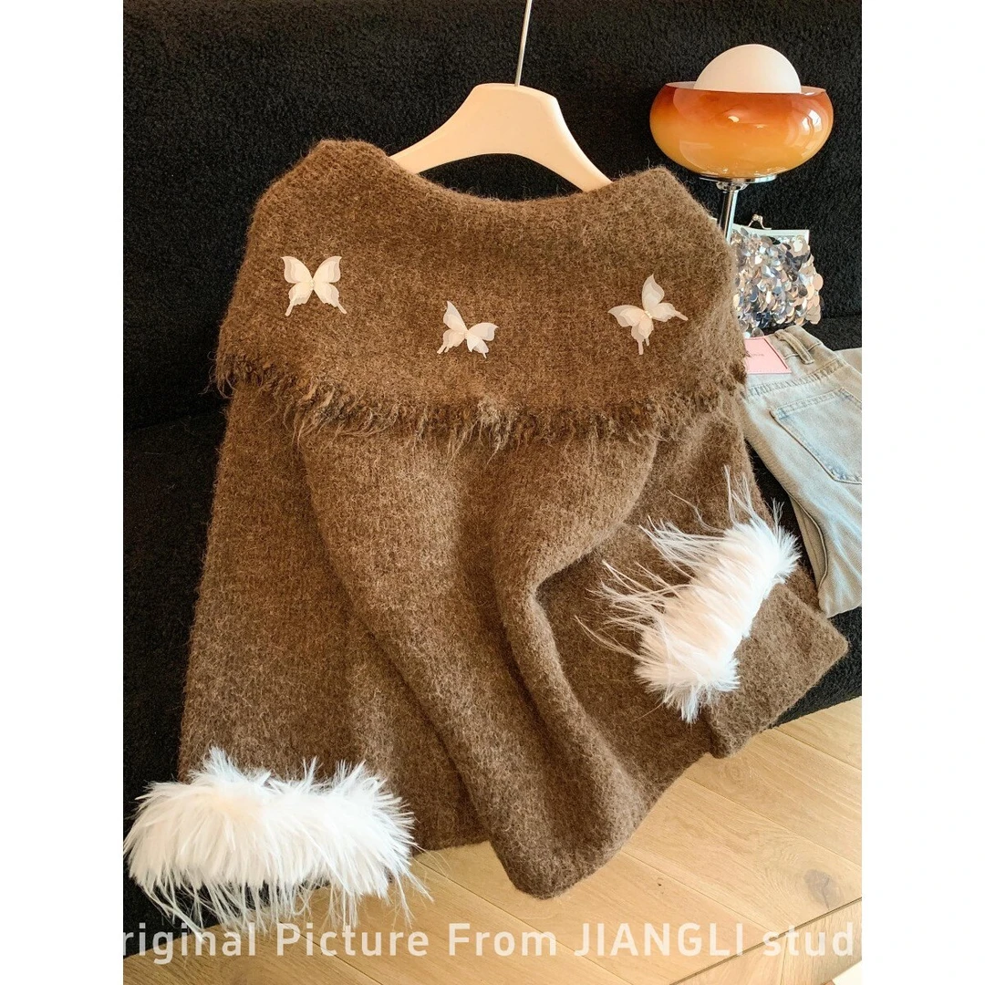 专柜撤回剪标美拉德立体蝴蝶一字肩针织衫女秋冬新款别致小众毛衣