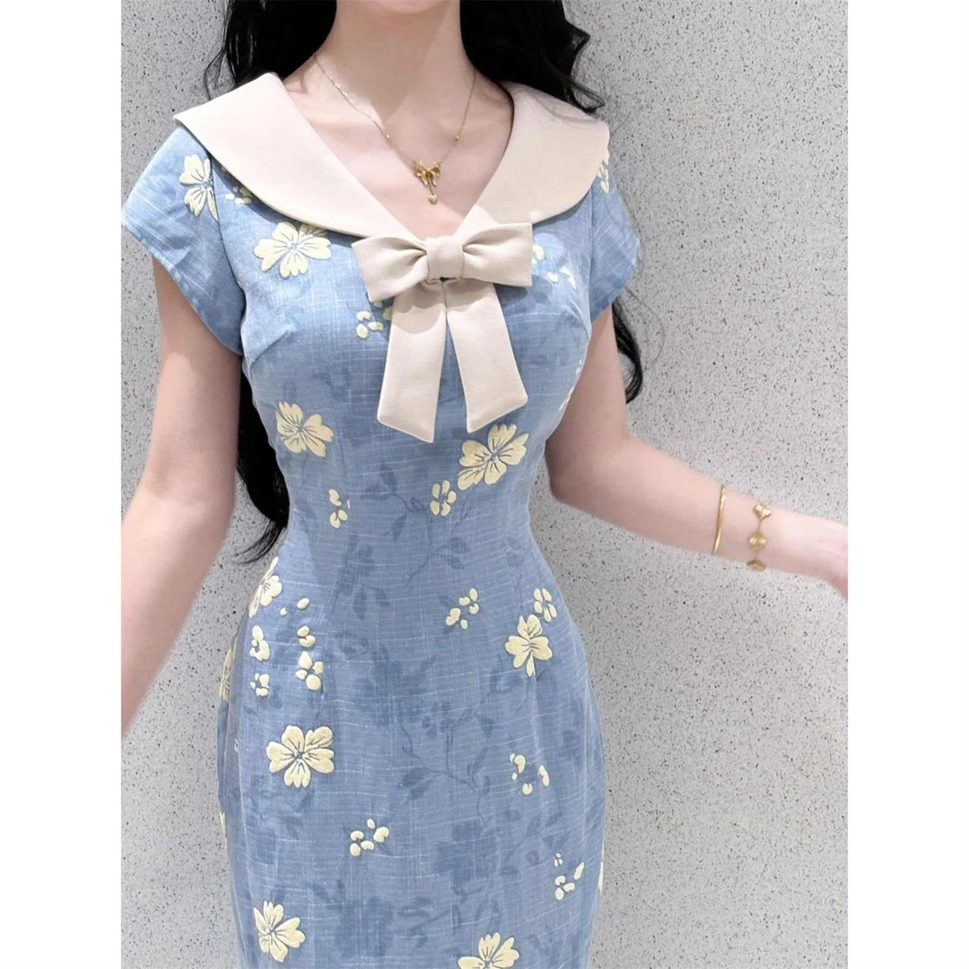 学院风新中式国风蓝色旗袍2025夏季新款日常可穿裙