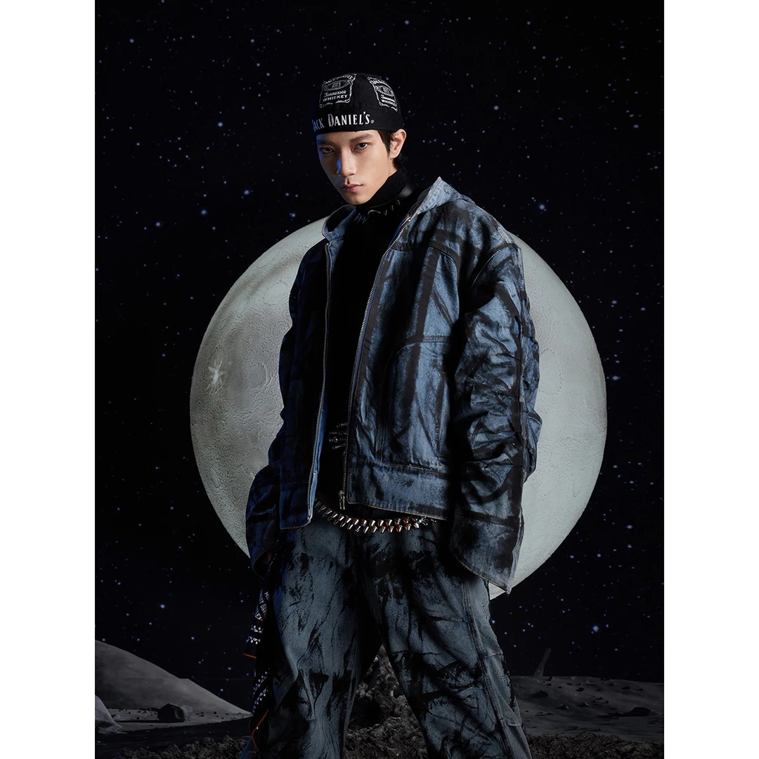 无人孤岛 小众异形袖子褶皱脏染水洗连帽牛仔外套拉链夹克qc0501