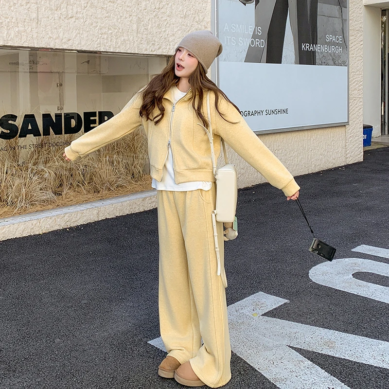 黄色高级感加绒卫衣套装女2025超好看保暖减龄卫衣长裤两件套