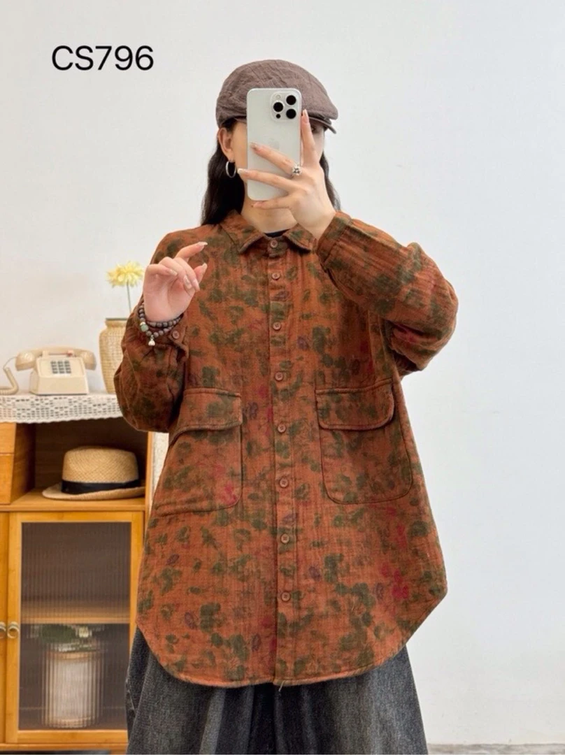 新款炒色花中长款外套复古厚棉纱款时尚休闲宽松碎花