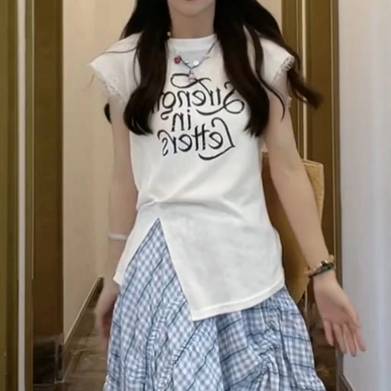 韩系不规则纯色短袖t恤女2025新款爆款夏季设计感蕾丝拼接小上衣