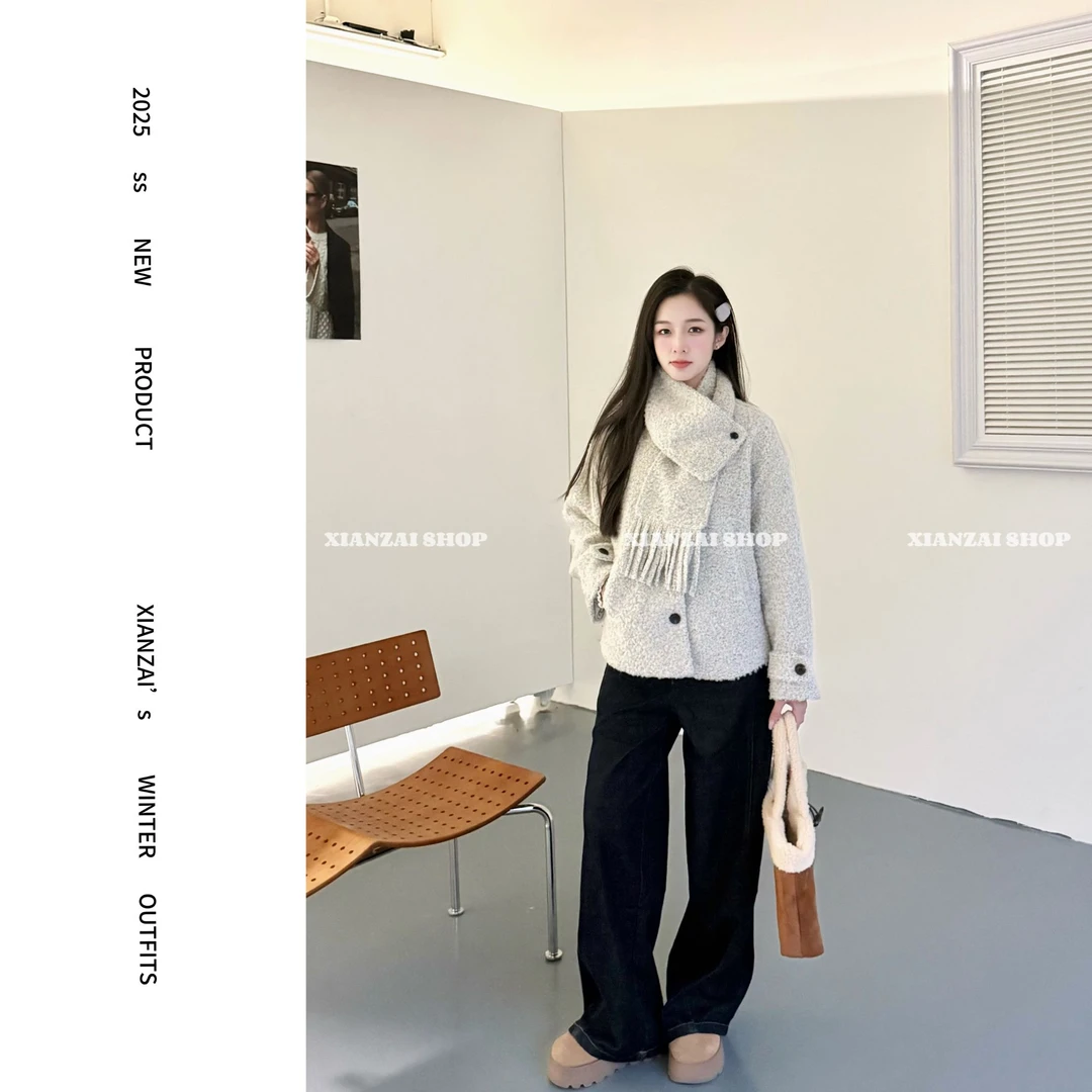 XIANZAI冬季新款羊毛秋冬加厚款呢大衣上衣围巾两件套20251129012