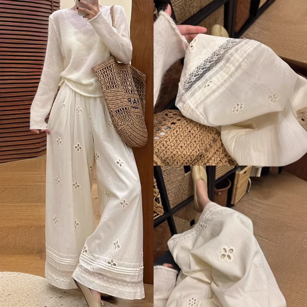 杏色高品质夏季设计感镂空蕾丝拼接阔腿休闲裤高腰百搭宽松休闲裤