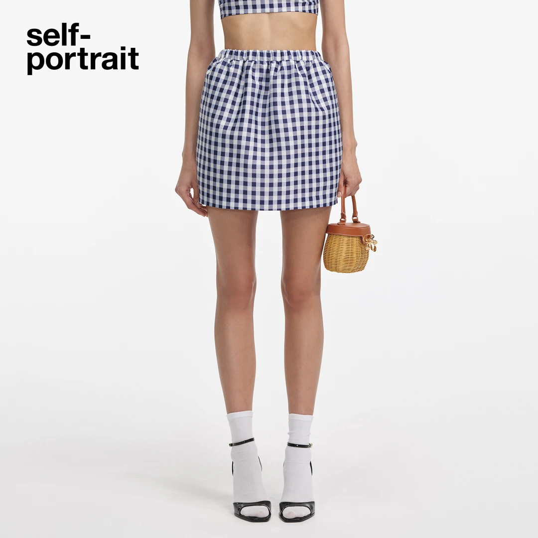 self-portrait 2025早秋新款蓝格子夏日度假A字半身裙短裙