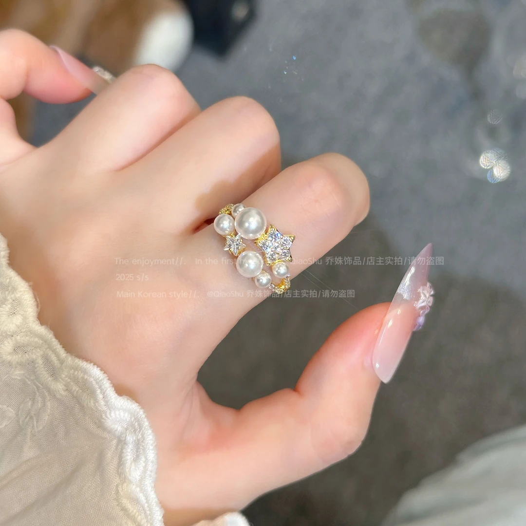 铜合金仿珍珠戒指 C524ins气质微镶星星珠珠开口戒女小众轻奢精致