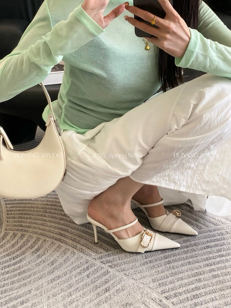 HY｜尖头细跟高跟鞋时尚气质显瘦法式金属扣包头半拖鞋