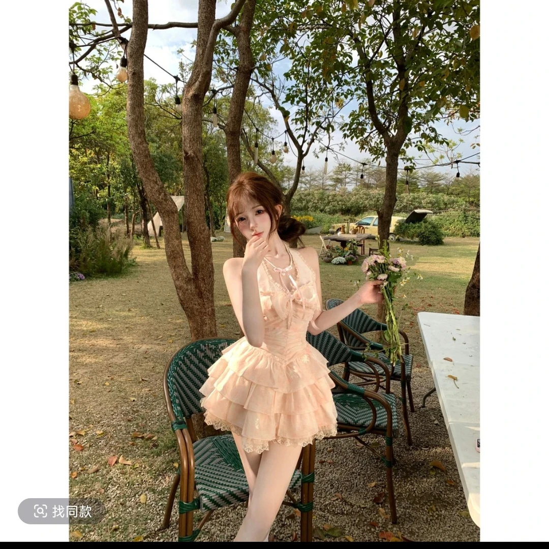 瑞茜·威瑟斯 橘子海 春季纯欲风小众设计挂脖连衣裙 R2236L