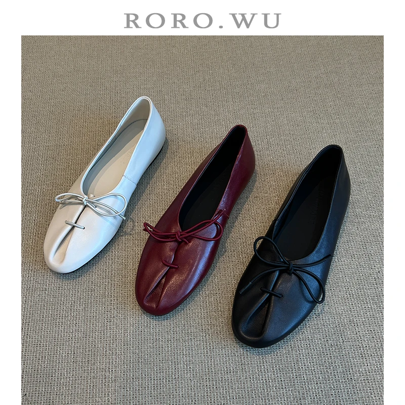 娆娆吴·头层牛皮简约气质文艺浅口系带一脚蹬平底舒适单鞋女鞋A57