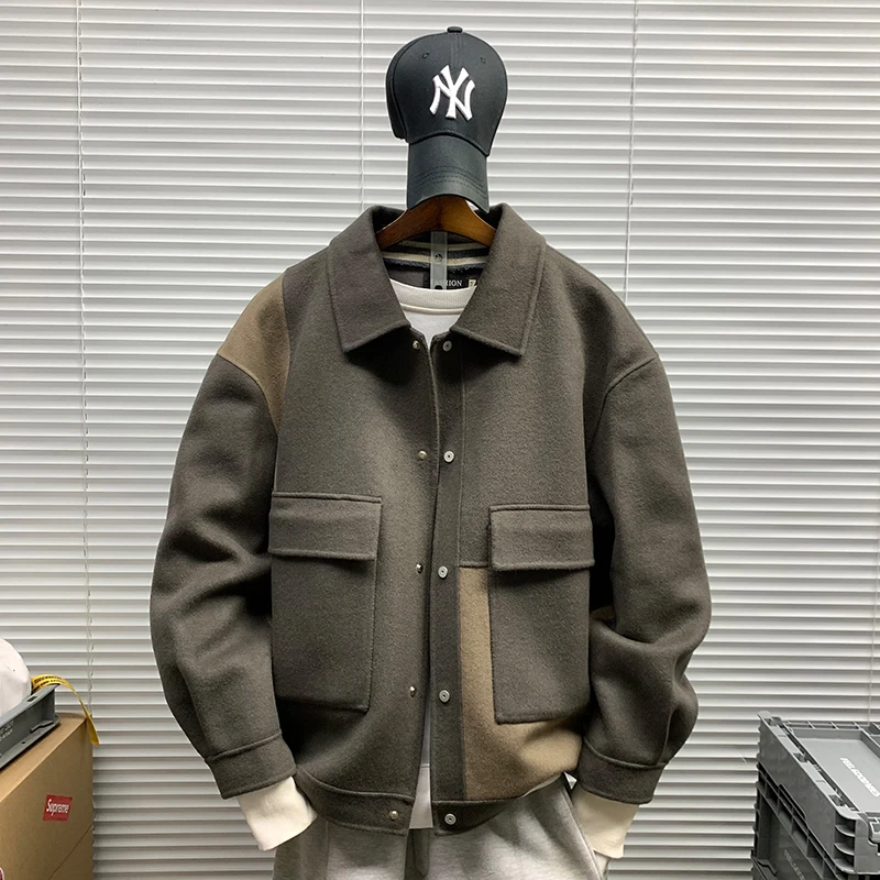 秋冬新款翻领羊毛呢子外套男士潮流休闲宽松时尚高品质双面呢夹克