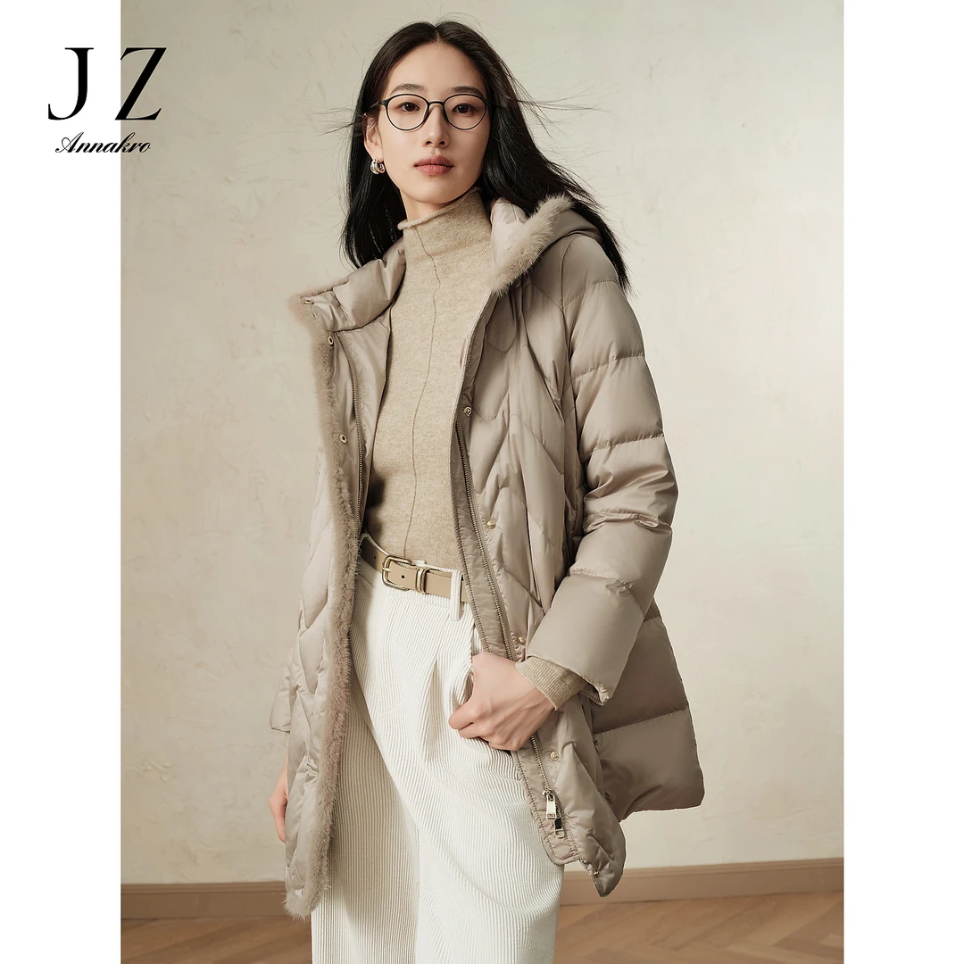 【绒享】玖姿·安娜蔻优雅水貂毛连帽白鸭绒中长羽绒女2024冬季新款