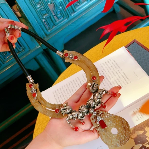 【玺儿珠宝】原创设计国风复古玉璜和田玉项链