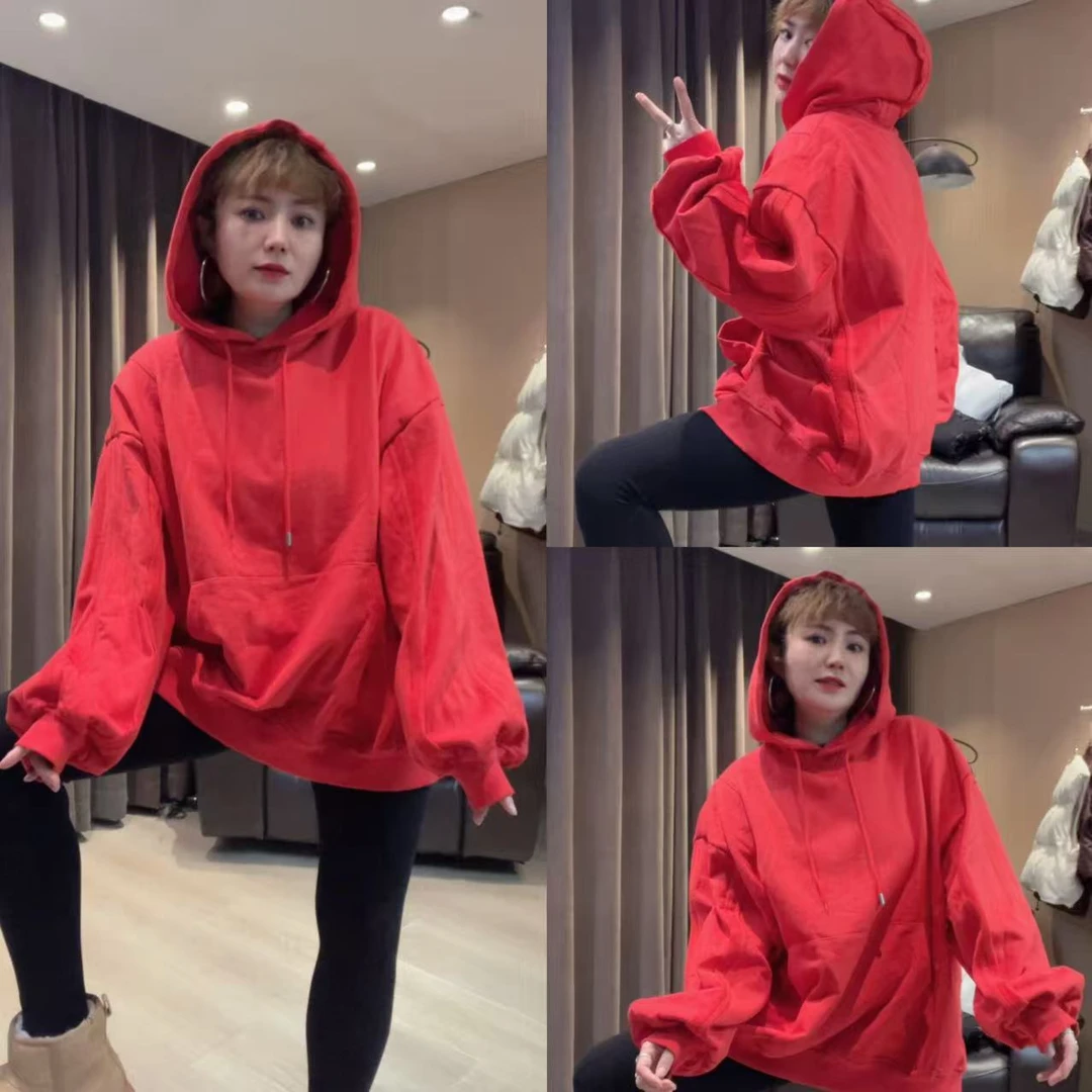 加绒套头上衣欧洲站新款韩版连帽纯色卫衣潮（190斤之内可穿）