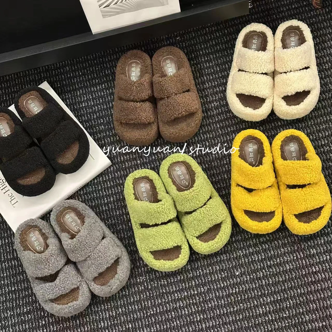 厚底增高秋季防滑休闲秋冬一字拖毛绒网红厚底拖鞋