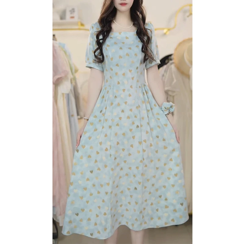 L5448新款法式超好看薄荷短袖连衣裙女收腰显瘦温柔风a字裙小个子