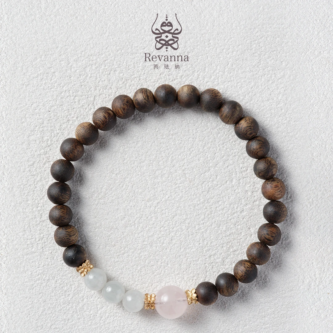 沉香Revanna芮珐纳「画眉深」沉香圆珠7mm 粉水晶翡翠 单圈手串