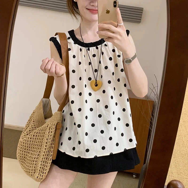 韩版波点撞色圆领无袖背心上衣女夏季气质新款2025减龄甜美娃娃衫