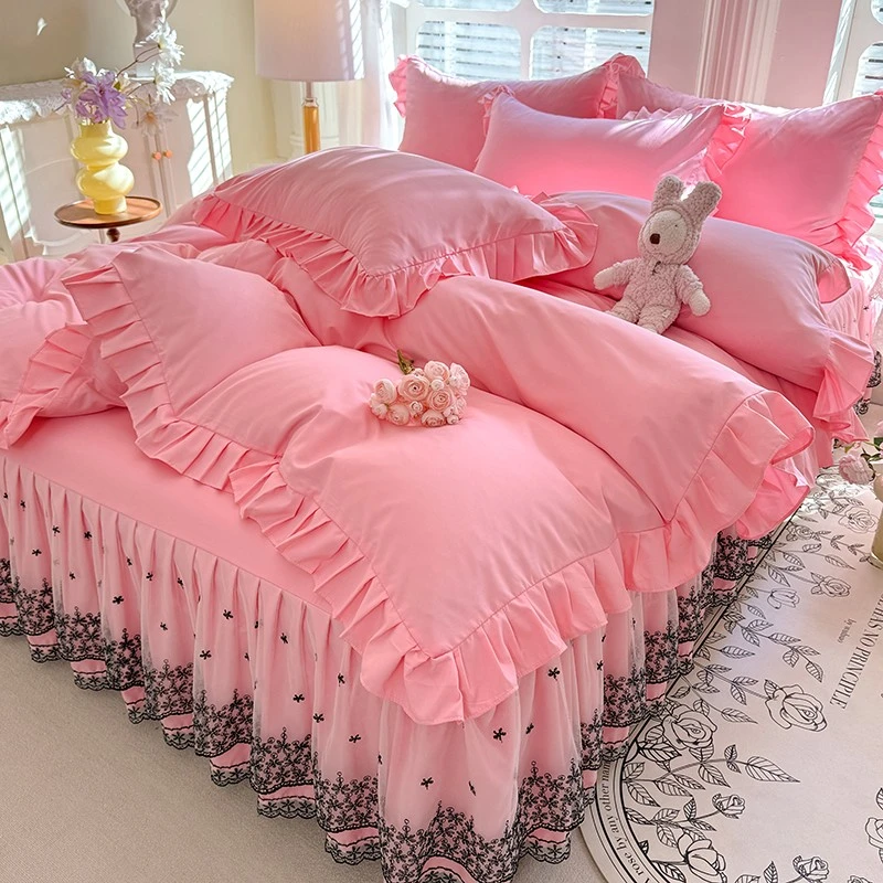 2025新款亲肤云朵棉蕾丝床裙花边公主风四件套韩版少女心床品