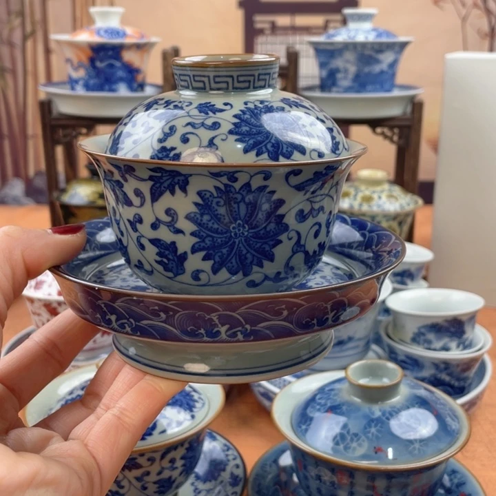 摆件陶老陶泥缠枝莲高足盖碗