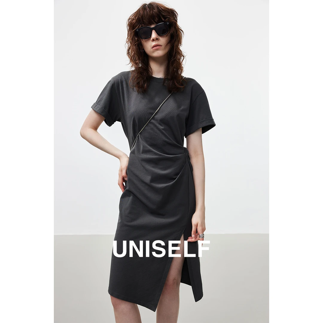 UNISELF全棉不对称显瘦连衣裙2025新款打褶开衩收腰裙子100923