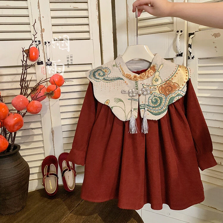 秋冬新款童装中国风冬季连衣裙宝宝礼服红色裙子儿童拜年服公主裙