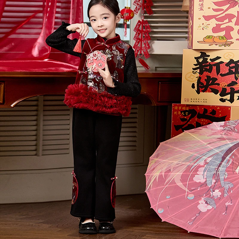 童一密度【祥瑞熹年】女童新款新中式秋冬加绒套装 T222