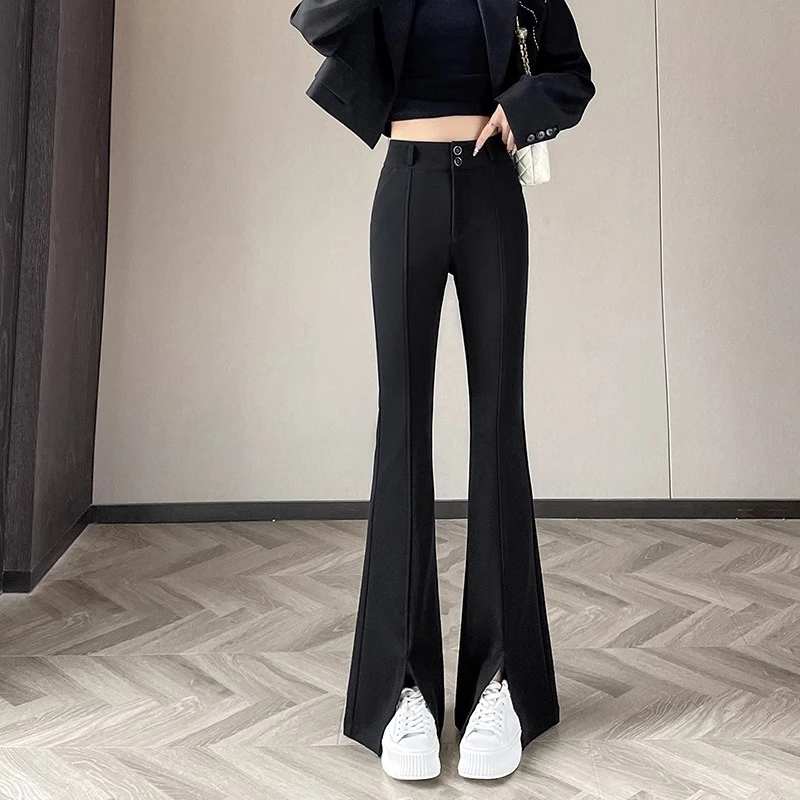 黑色西装微喇裤女春秋季2025新款高腰显瘦小个子修身开叉喇叭裤子