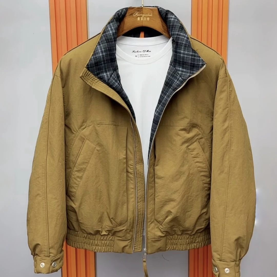 冬季男士立领羽绒服百搭潮流日系工装拼接格子时尚痞帅保暖羽绒衣