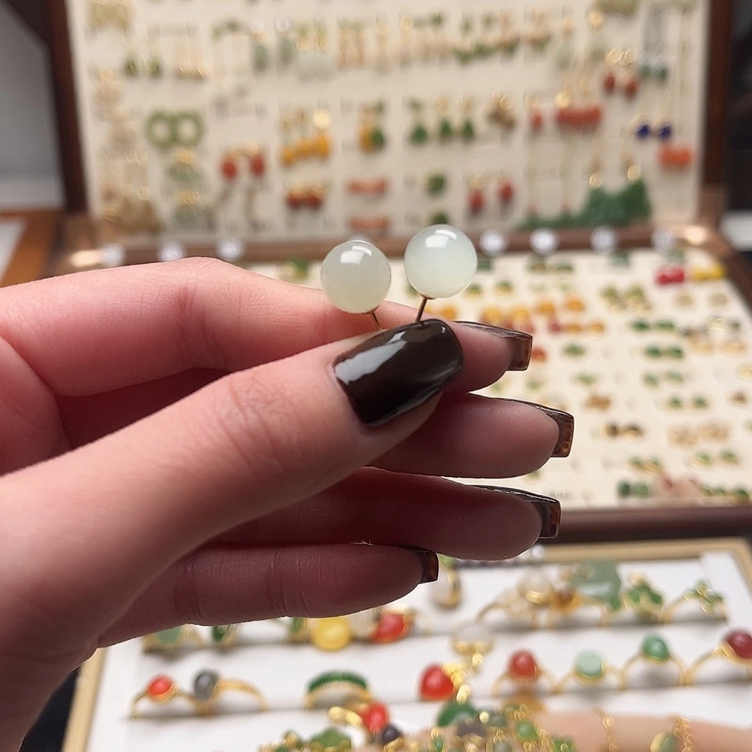 和田玉银S925镀金镶嵌耳饰