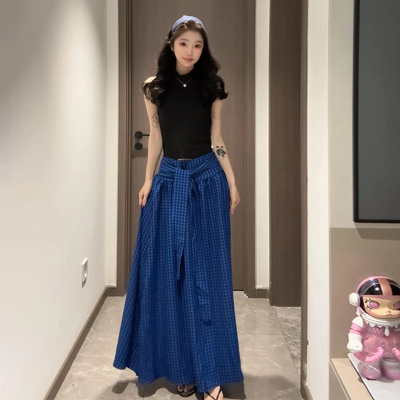 2025新款无袖修身背心上衣女夏季高腰显瘦格纹绑带半身裙韩系套装