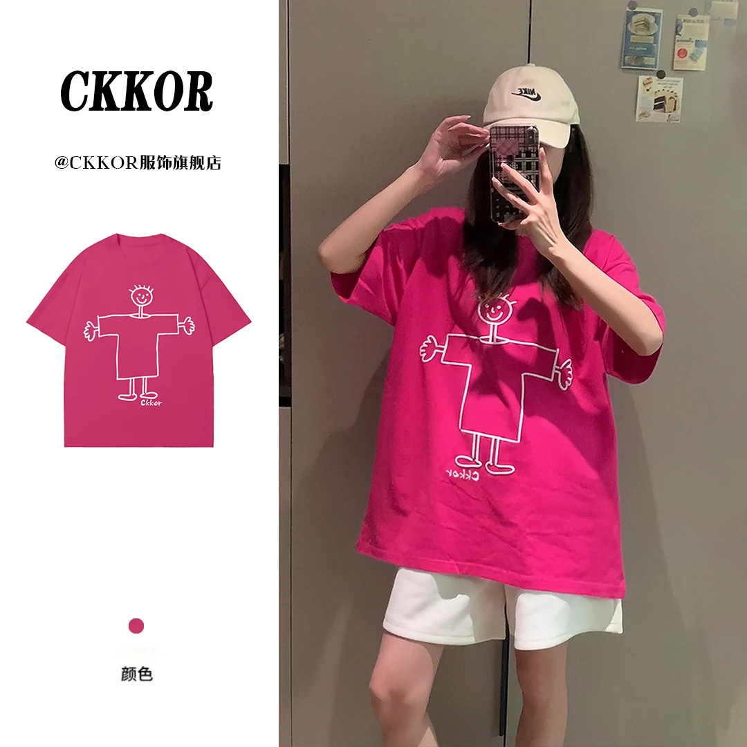 CKKOR夏季新款穿搭宽松短袖t恤女火柴人印花百搭休闲设计感上衣服