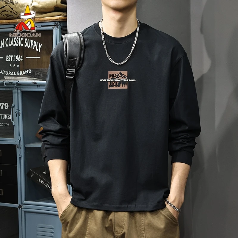 Mexican/稻草人秋季重磅印花长袖t恤男士美式休闲宽松纯棉卫衣ins