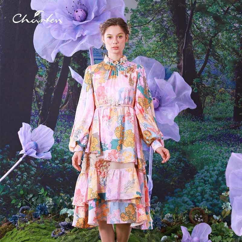 【媛媛专享】朝峰春季新款中国风印花大气连衣裙女士CFC1B003-006G