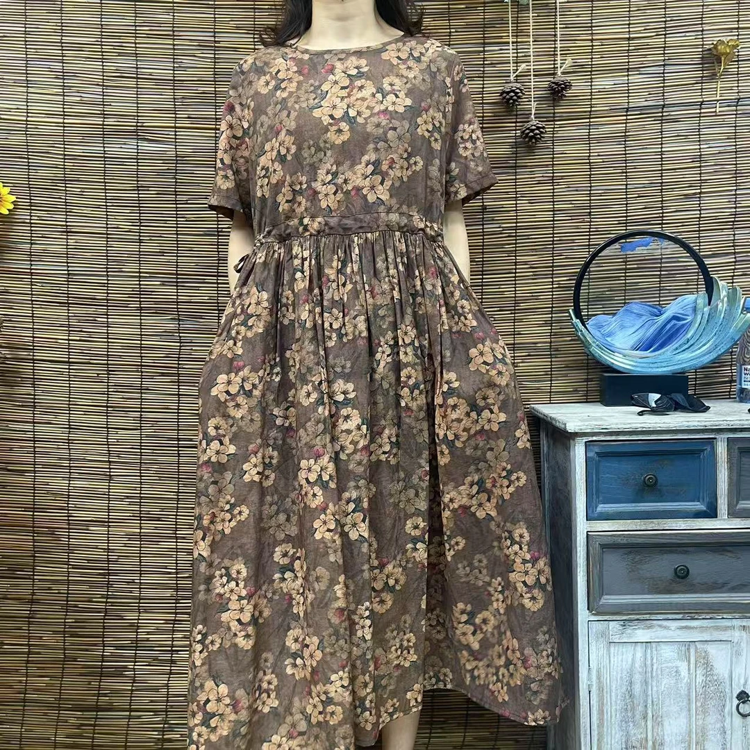 6120新款文艺优雅显瘦气质圆领咖底小花长款大摆连衣裙时尚文艺