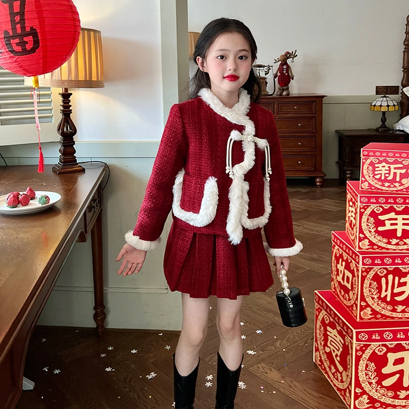 【清仓】童装女童红色小香风夹棉套装秋冬儿童宝宝新年喜庆衣服