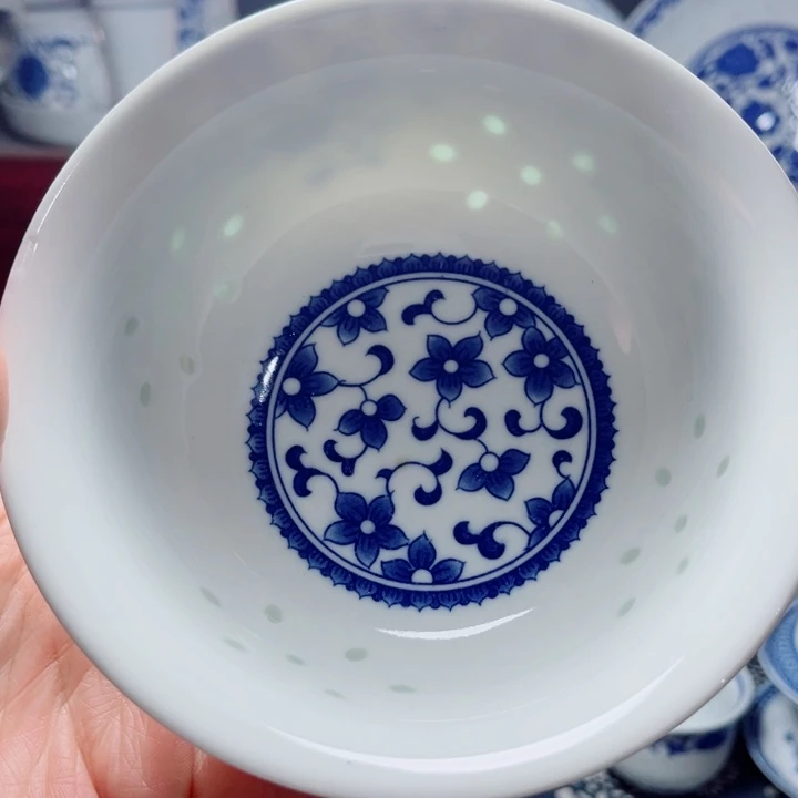 青花玲珑5寸饭碗紫荆花无花