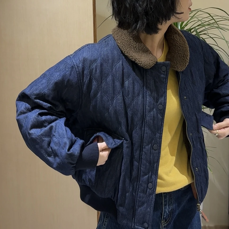 蓝色菱格3M新雪丽牛仔棉服外套