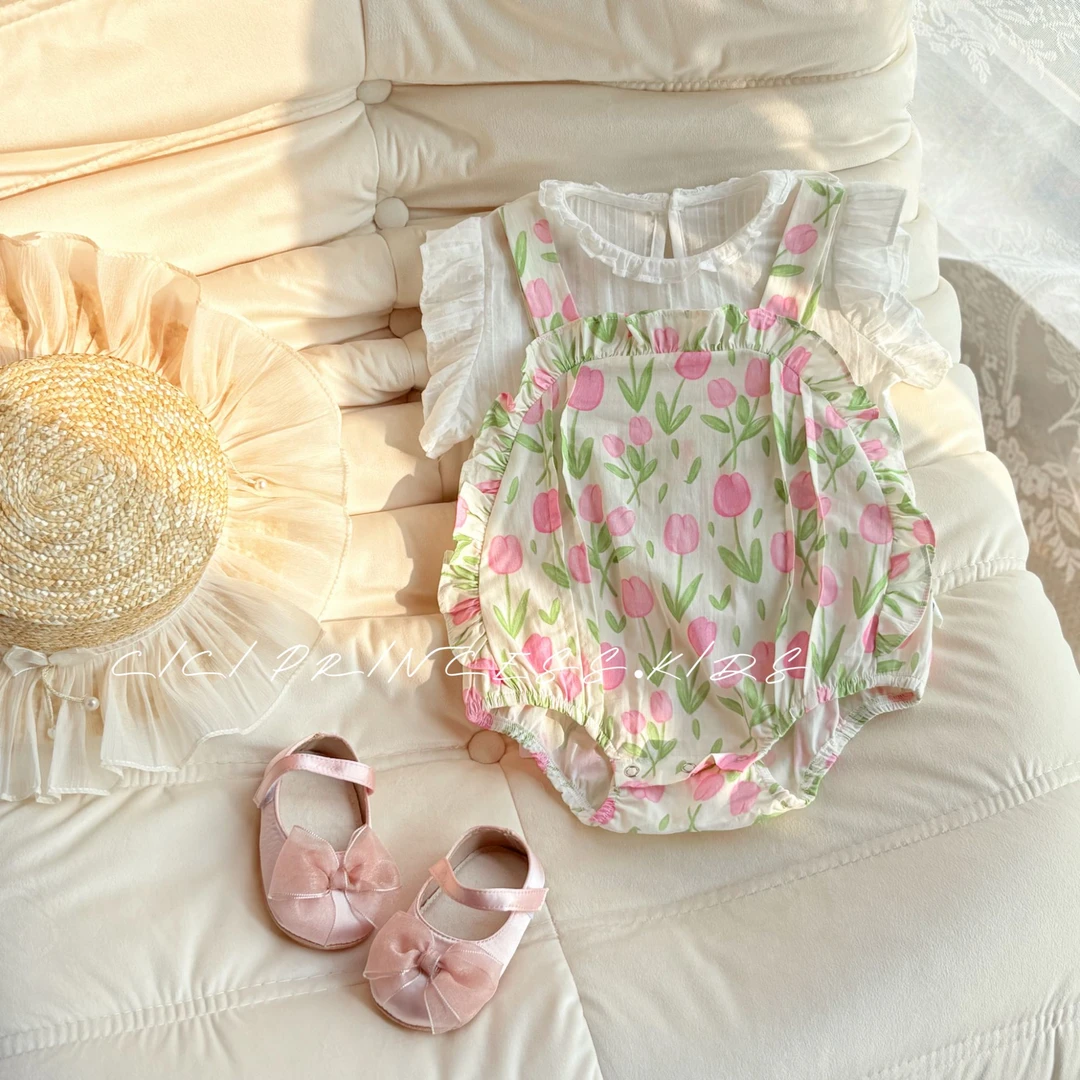 韩版ins婴儿哈衣夏装女宝宝郁金香薄款包屁衣夏季超萌背带两件套