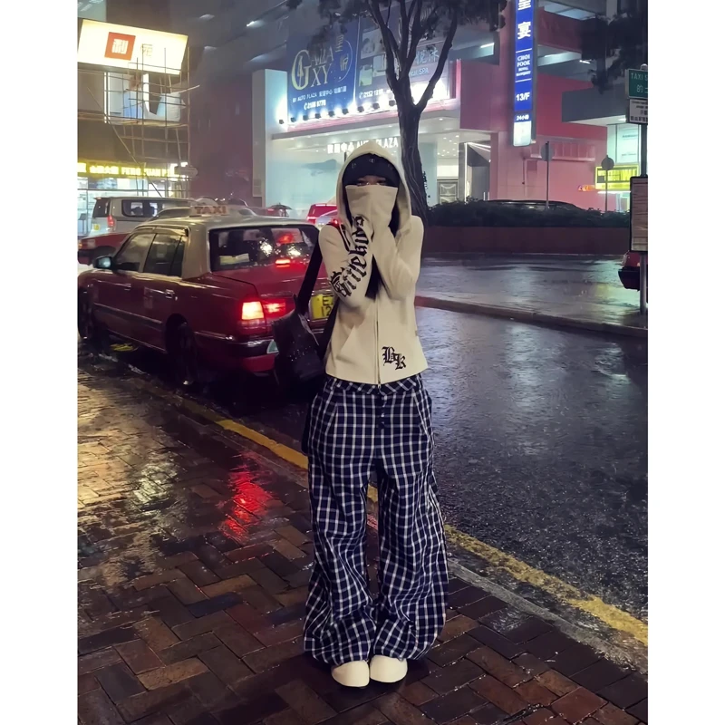 亿万少年BUFU复古格子休闲裤男女宽松慵懒风阔腿直筒单排扣拖地裤