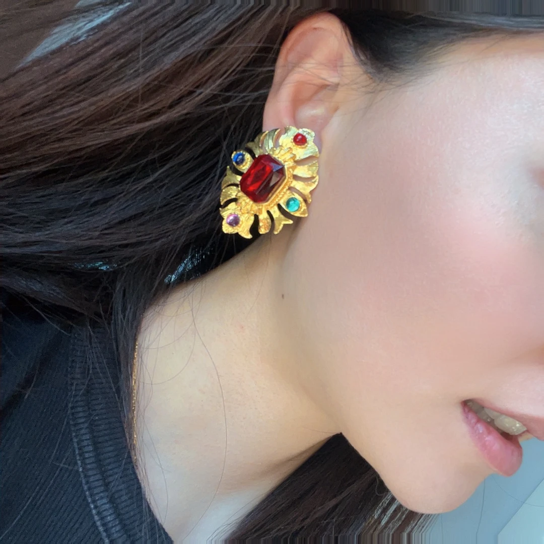 铜合金铅玻璃耳饰 中国风红色女拼色耳钉彩色设计师镶嵌复古