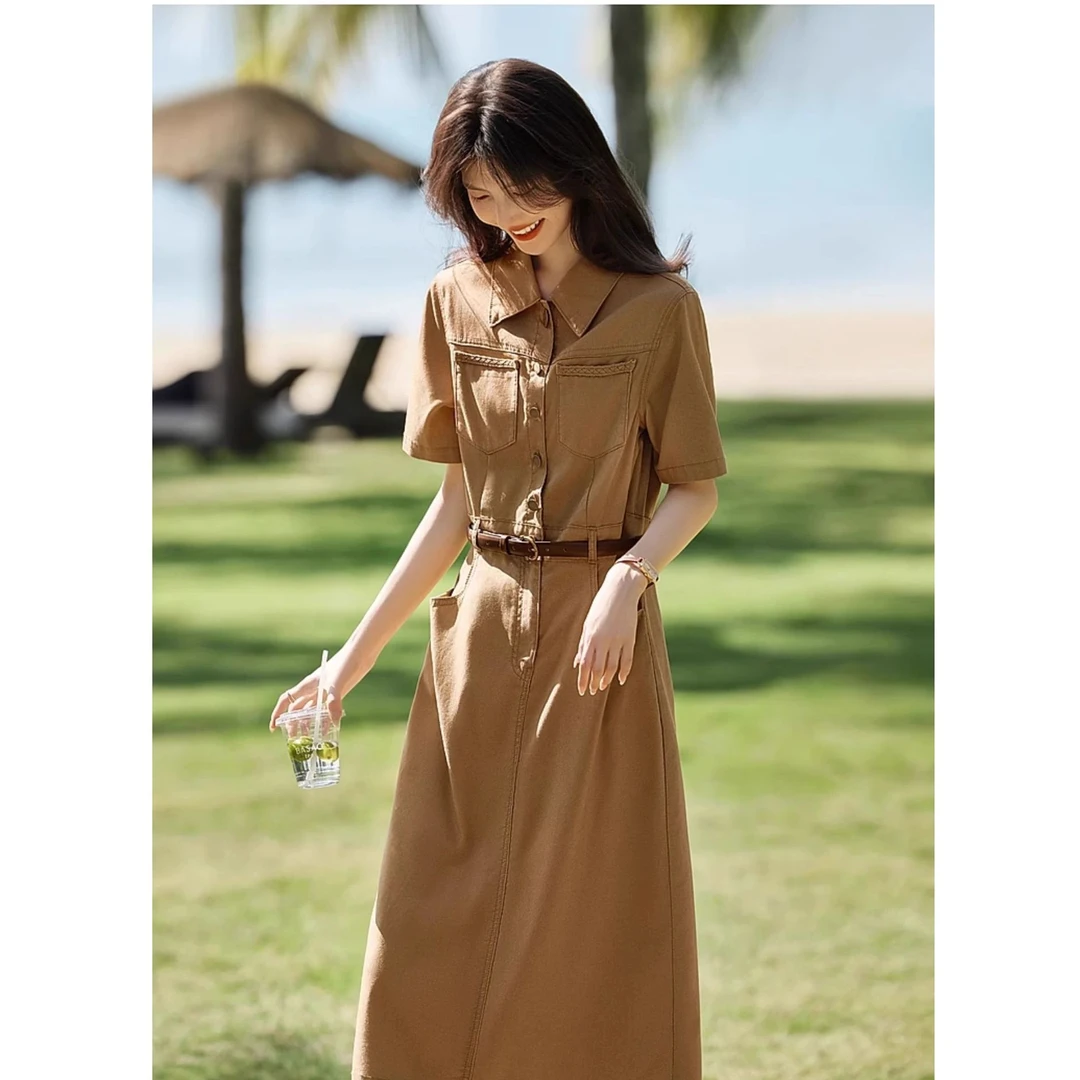 卡其色连衣裙女2025年夏季度假风收腰显瘦衬衫裙