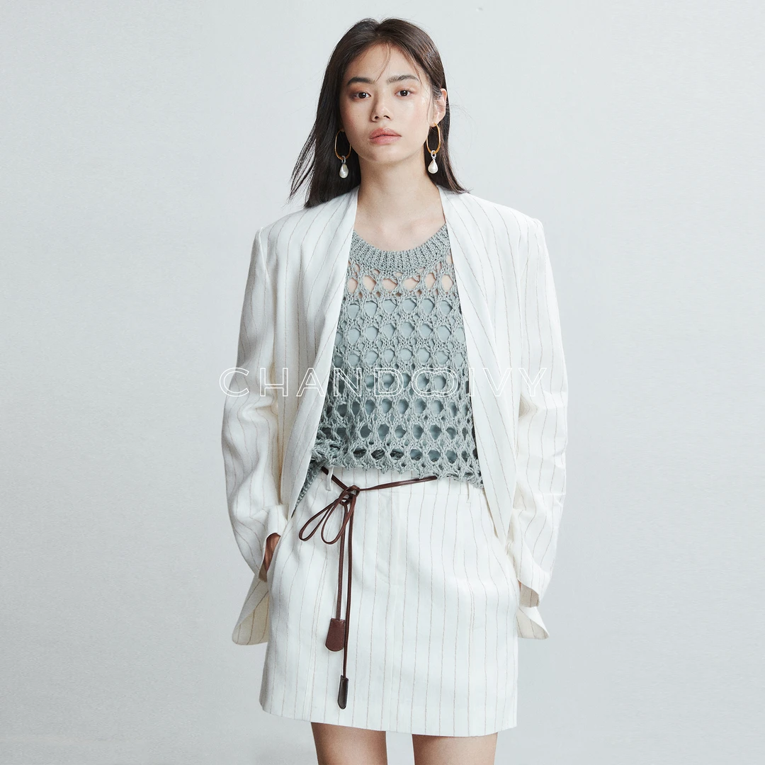 CHANDOOIVY自然随性色织提花条纹亚麻及简无垫肩V领西装/半裙套装