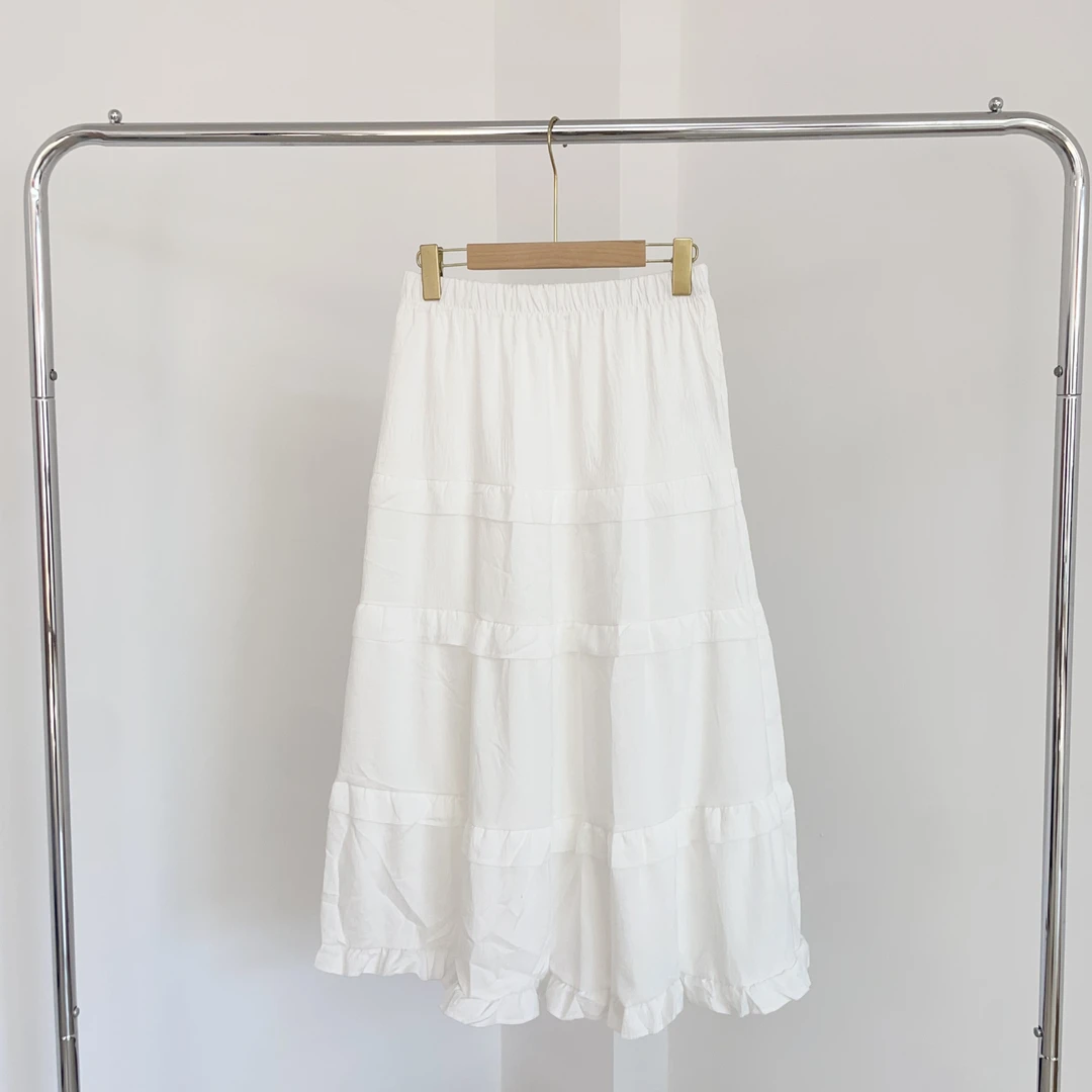 L 梭织白色小层木耳边休闲半身裙