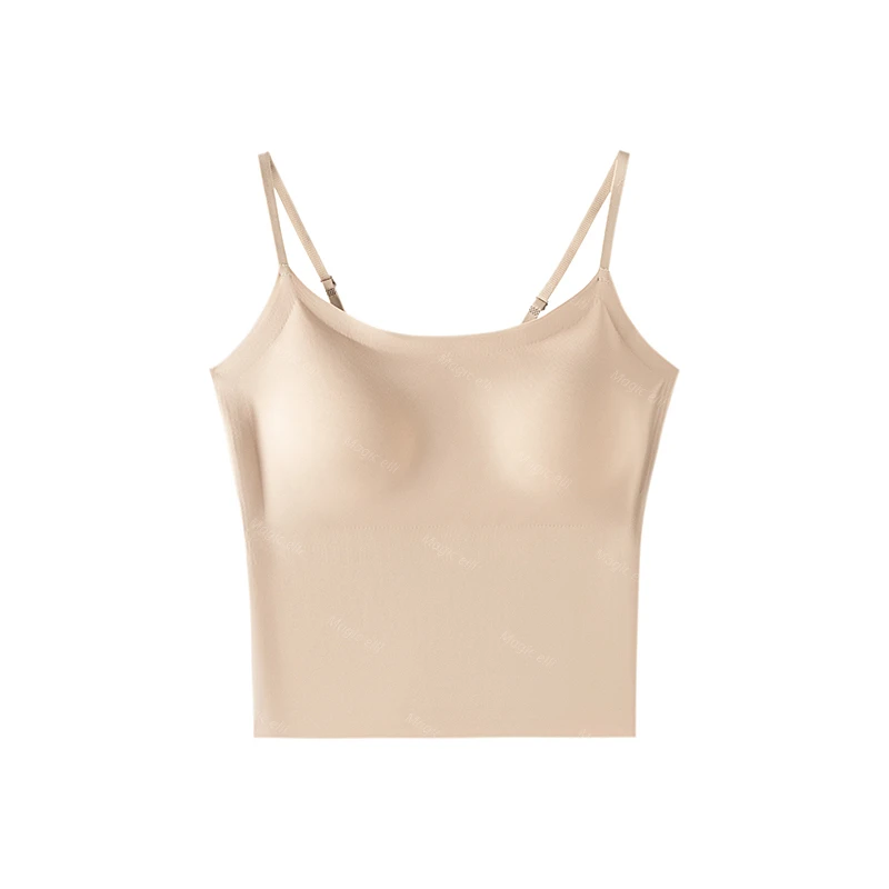 免穿文胸！罩杯一体式背心吊带打底无痕带胸垫裸感美背薄款白色女