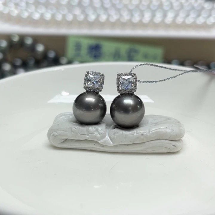 银S925镶嵌耳饰海水珍珠大溪地10-11m 35号
