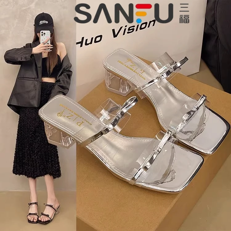 三福透明粗跟拖鞋女夏2025新款时尚仙女风配裙子蝴蝶结高跟凉拖鞋
