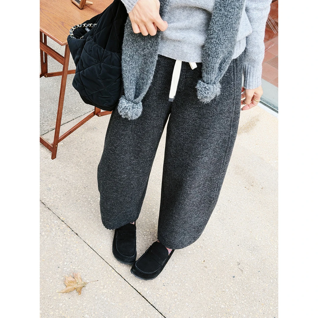【唐悠悠】500g加绒加厚绵羊毛松紧腰系带弯刀裤女宽松花边休闲裤