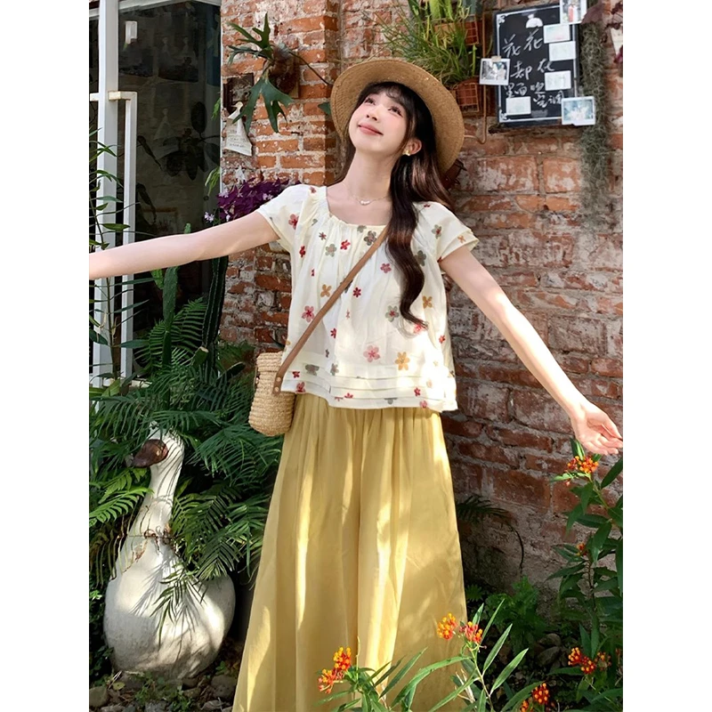 法式甜美碎花短袖衬衫上衣女2025夏季新款高腰休闲阔腿裤两件套装