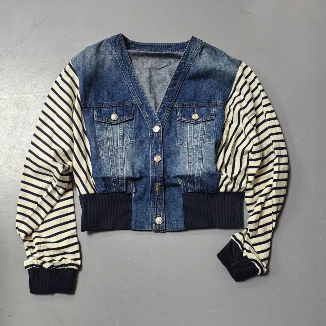 【南油玲姐】蓝色拼条纹牛仔外套30026